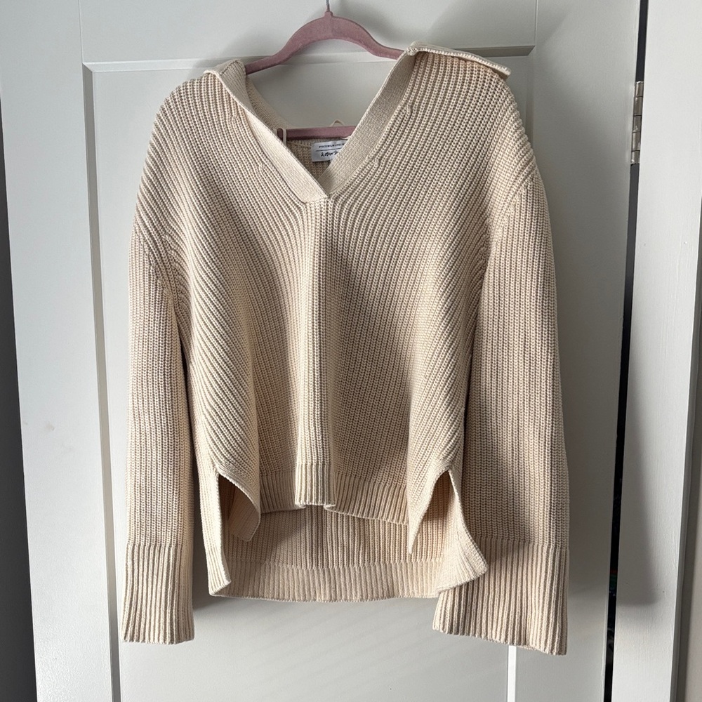 & Other Stories Cream V-Neck Ribbed Collared Cotton Sweater